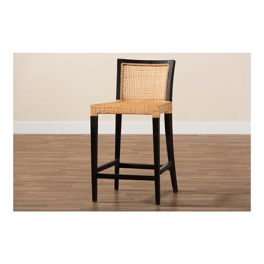 Bohemian Dark Brown Mahogany Wood and Natural Rattan Counter Stool. Picture 9