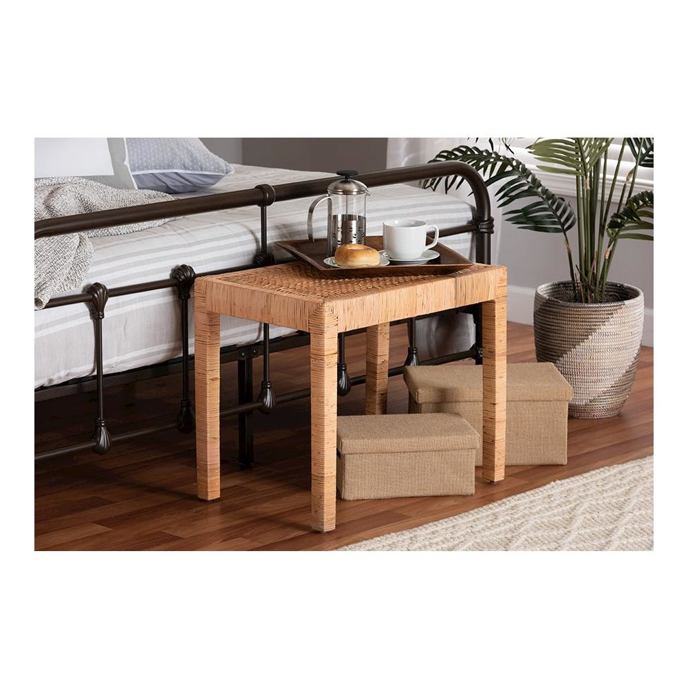 Bohemian Natural Rattan and Mahogany Wood Short Accent Bench. Picture 6