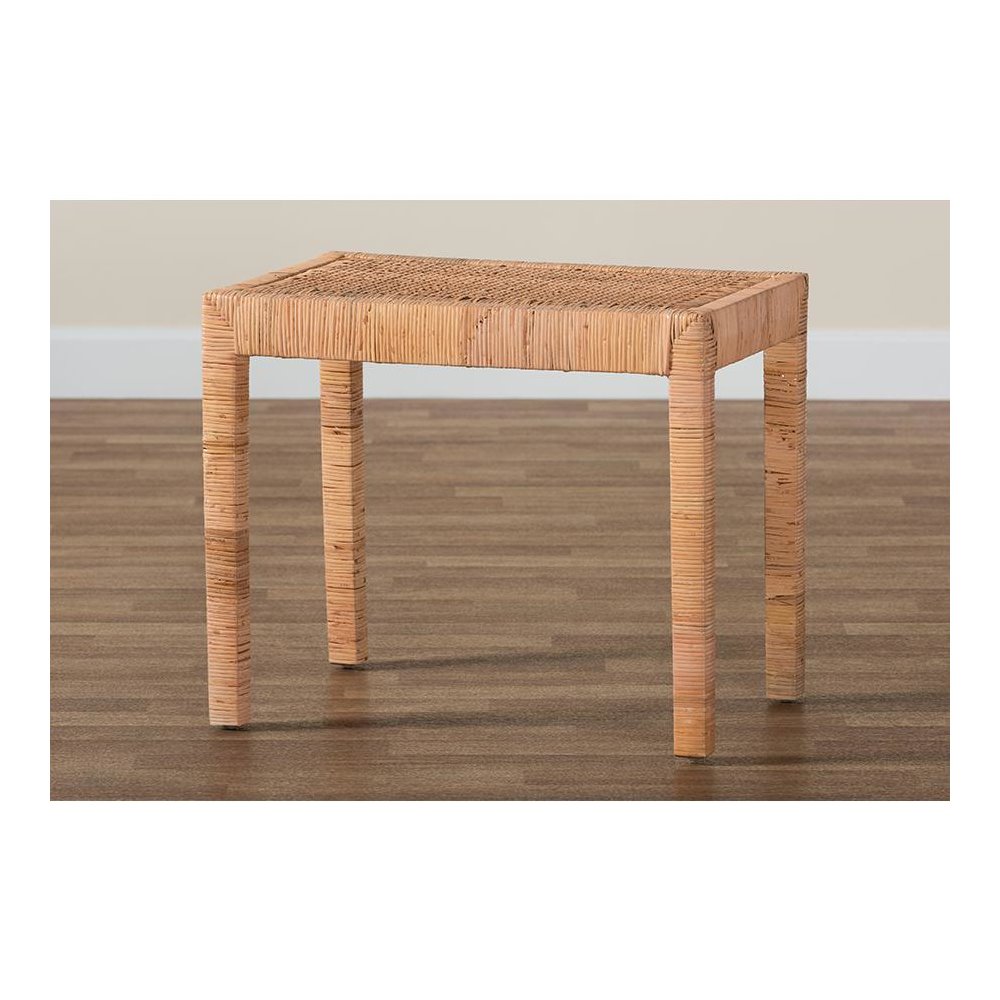 Bohemian Natural Rattan and Mahogany Wood Short Accent Bench. Picture 7