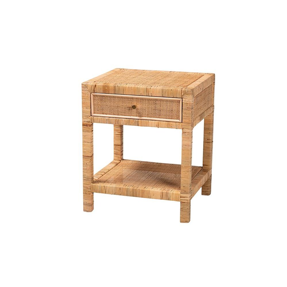 Bohemian Natural Rattan and Mahogany Wood 1-Drawer Nightstand. Picture 1