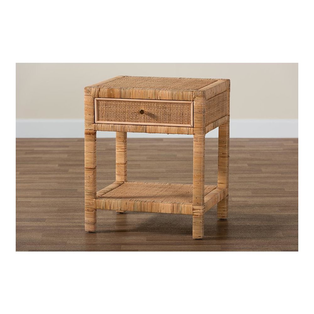 Bohemian Natural Rattan and Mahogany Wood 1-Drawer Nightstand. Picture 10