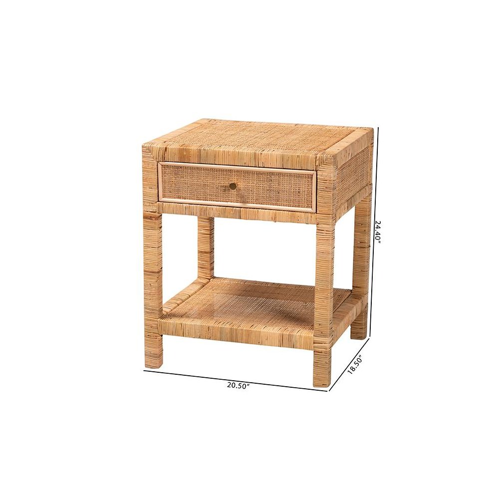 Bohemian Natural Rattan and Mahogany Wood 1-Drawer Nightstand. Picture 11