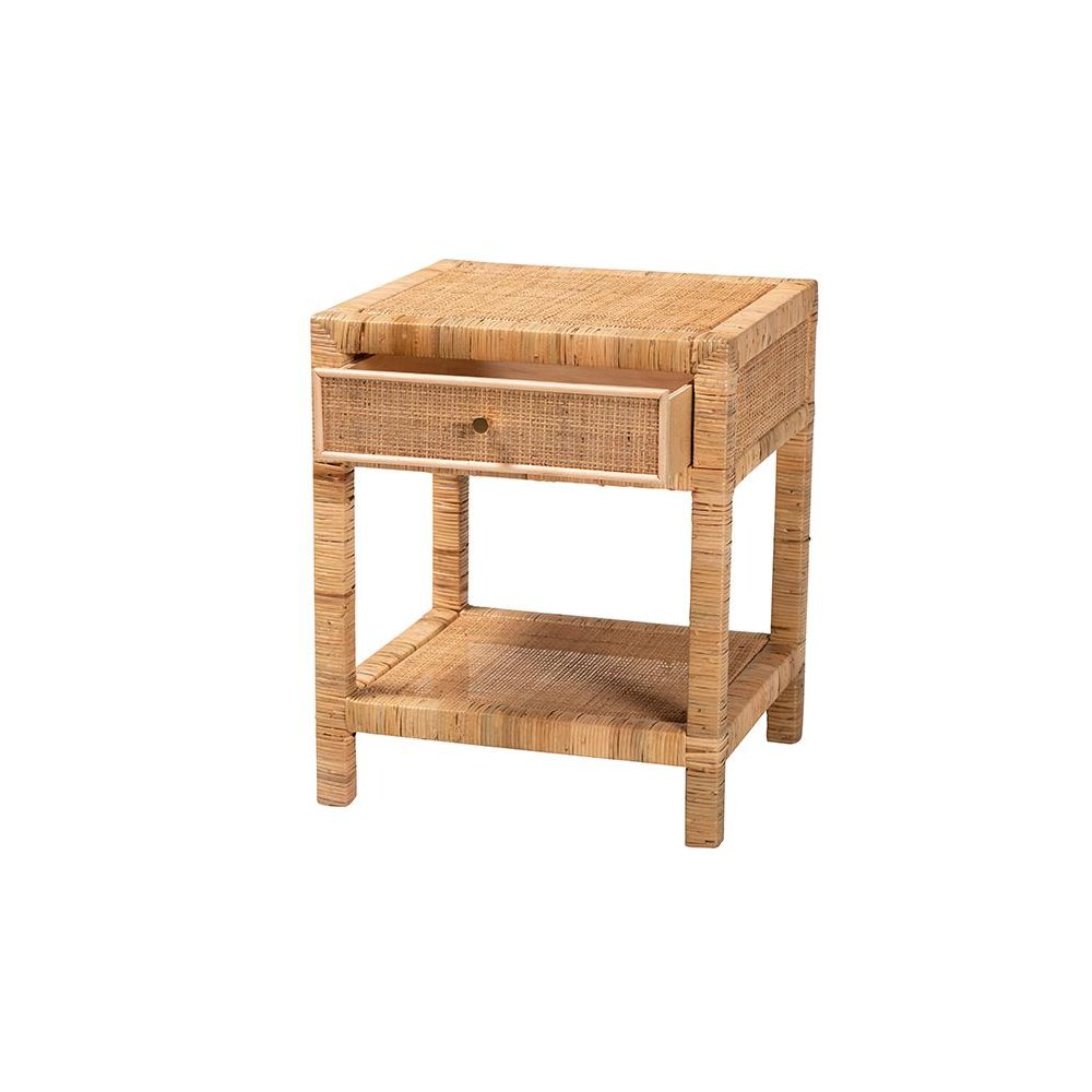 Bohemian Natural Rattan and Mahogany Wood 1-Drawer Nightstand. Picture 2