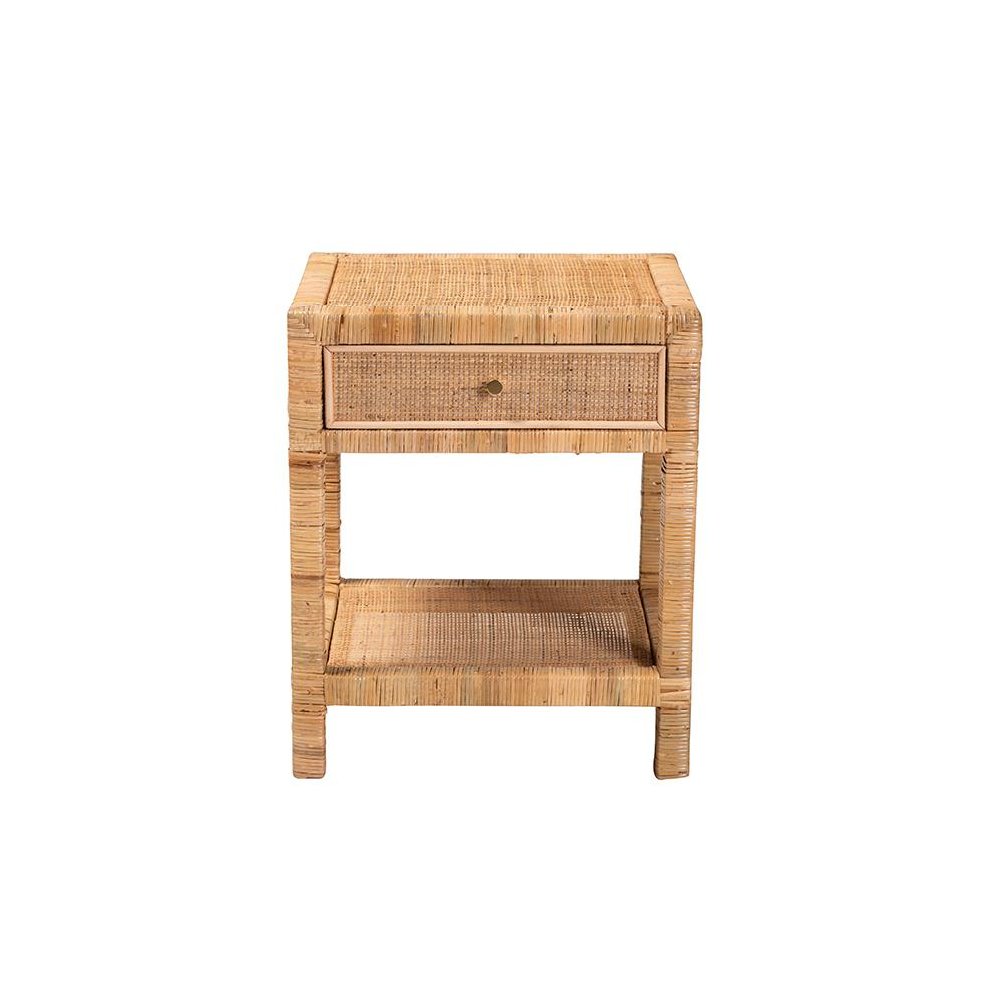 Bohemian Natural Rattan and Mahogany Wood 1-Drawer Nightstand. Picture 3