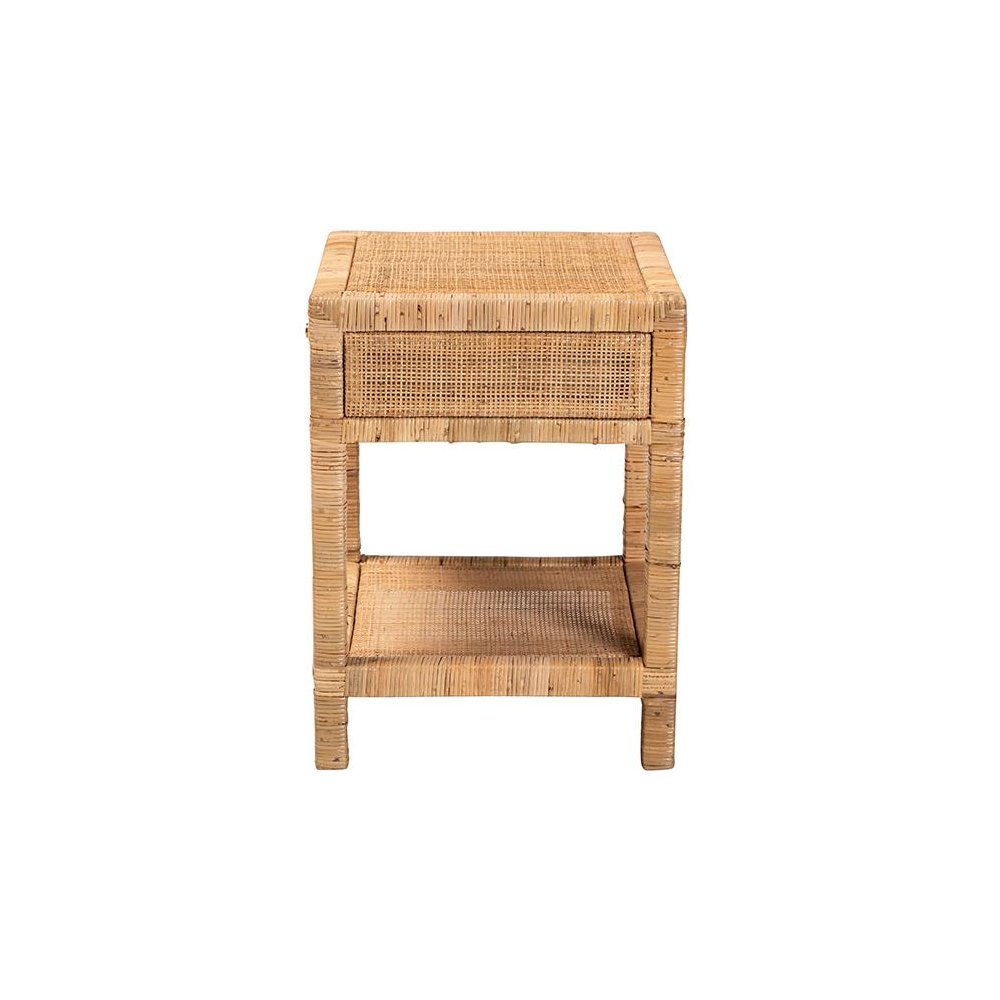Bohemian Natural Rattan and Mahogany Wood 1-Drawer Nightstand. Picture 4