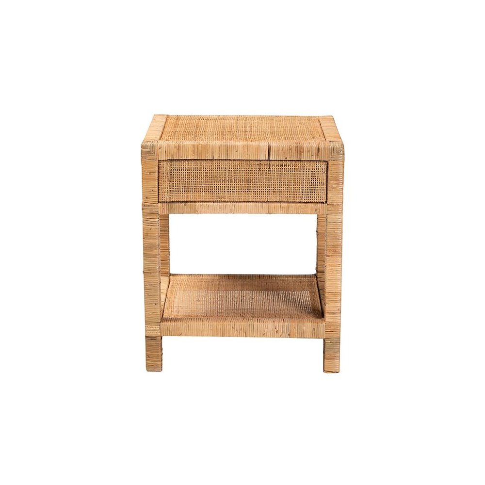 Bohemian Natural Rattan and Mahogany Wood 1-Drawer Nightstand. Picture 5