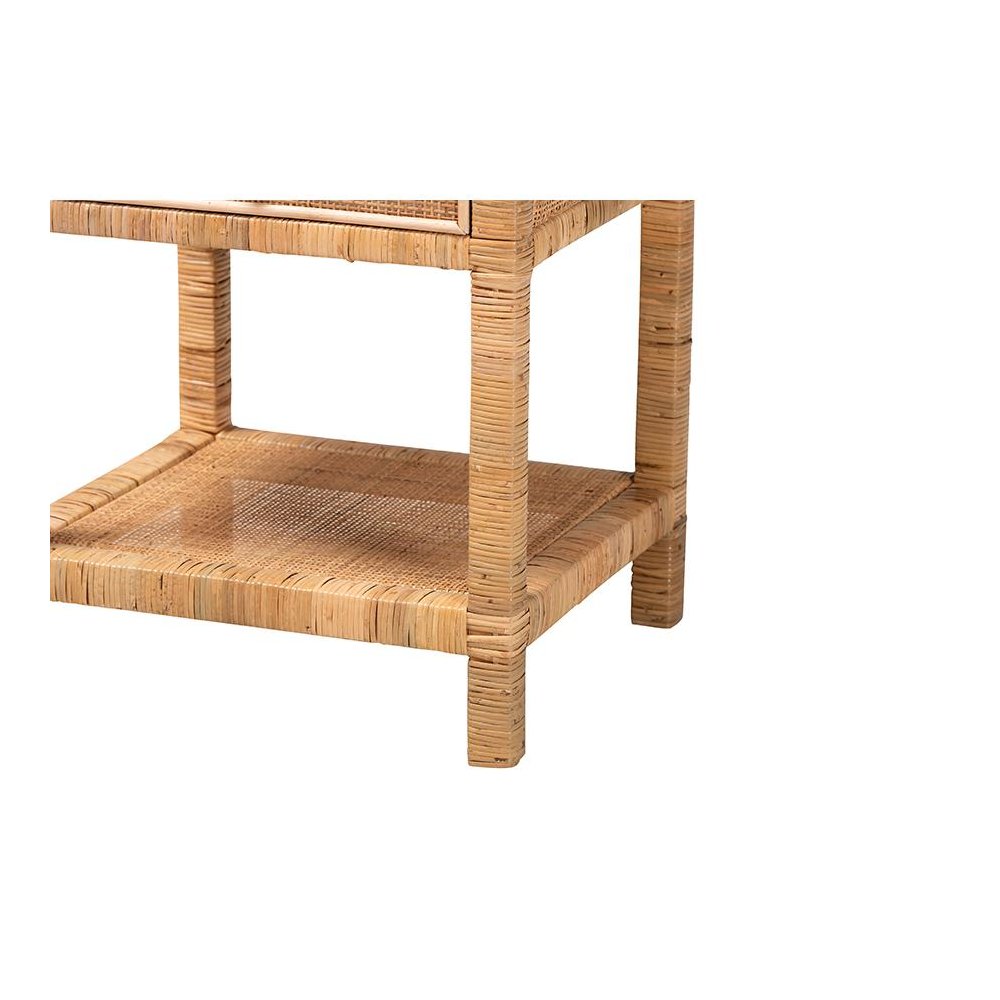 Bohemian Natural Rattan and Mahogany Wood 1-Drawer Nightstand. Picture 6