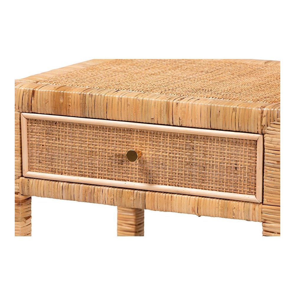 Bohemian Natural Rattan and Mahogany Wood 1-Drawer Nightstand. Picture 7