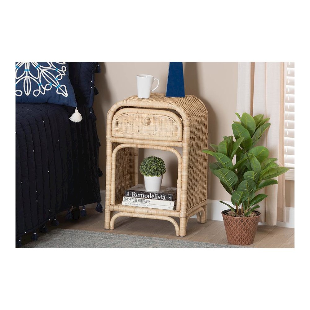 bali & pari Magni Modern Bohemian Natural Brown Rattan 1-Drawer Nightstand. Picture 8