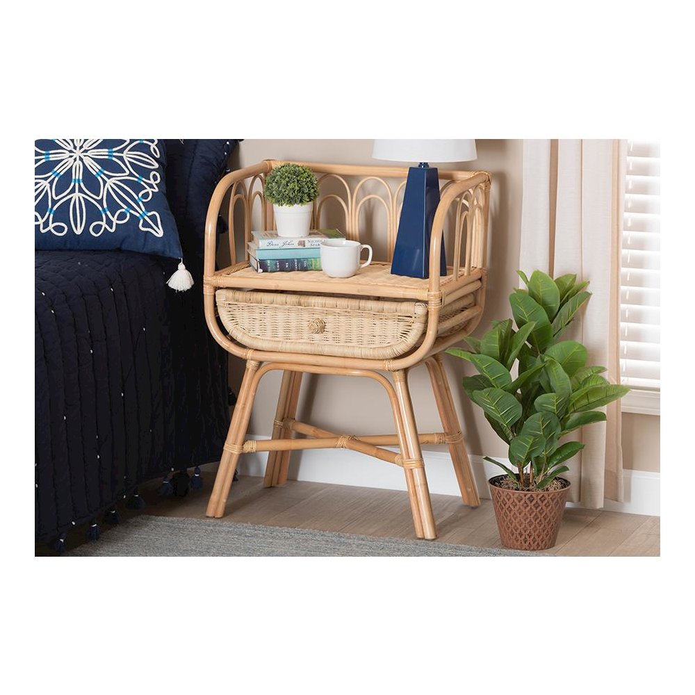 bali & pari Panchali Modern Bohemian Natural Brown Rattan Nightstand. Picture 8