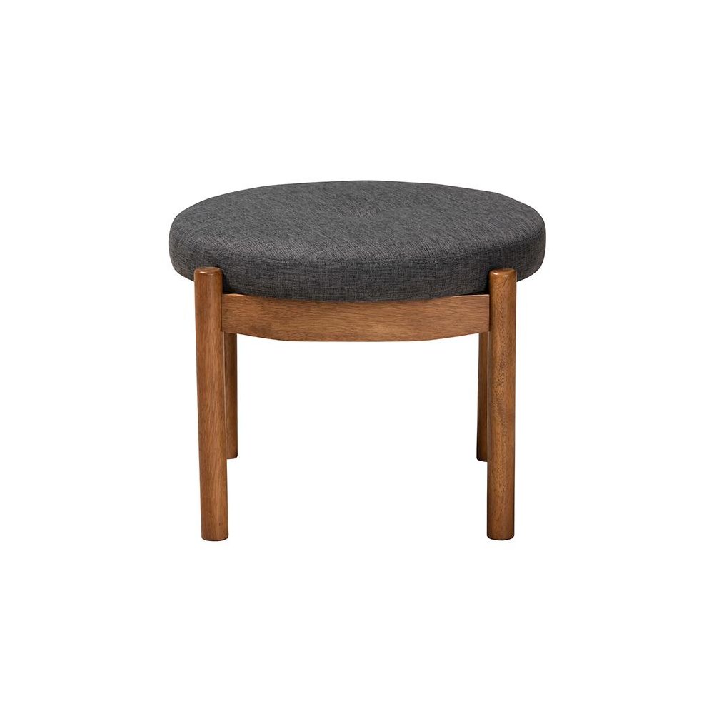 Iliana Japandi Dark Grey Fabric and Walnut Brown Finished Wood Ottoman Footstool. Picture 2