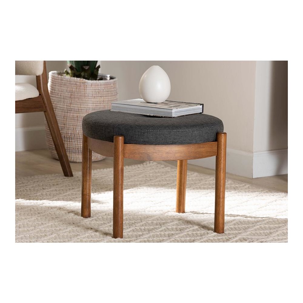 Iliana Japandi Dark Grey Fabric and Walnut Brown Finished Wood Ottoman Footstool. Picture 6