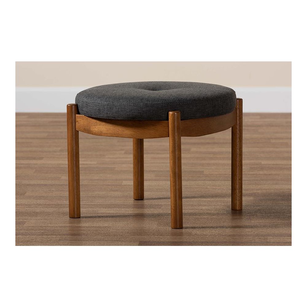 Iliana Japandi Dark Grey Fabric and Walnut Brown Finished Wood Ottoman Footstool. Picture 7