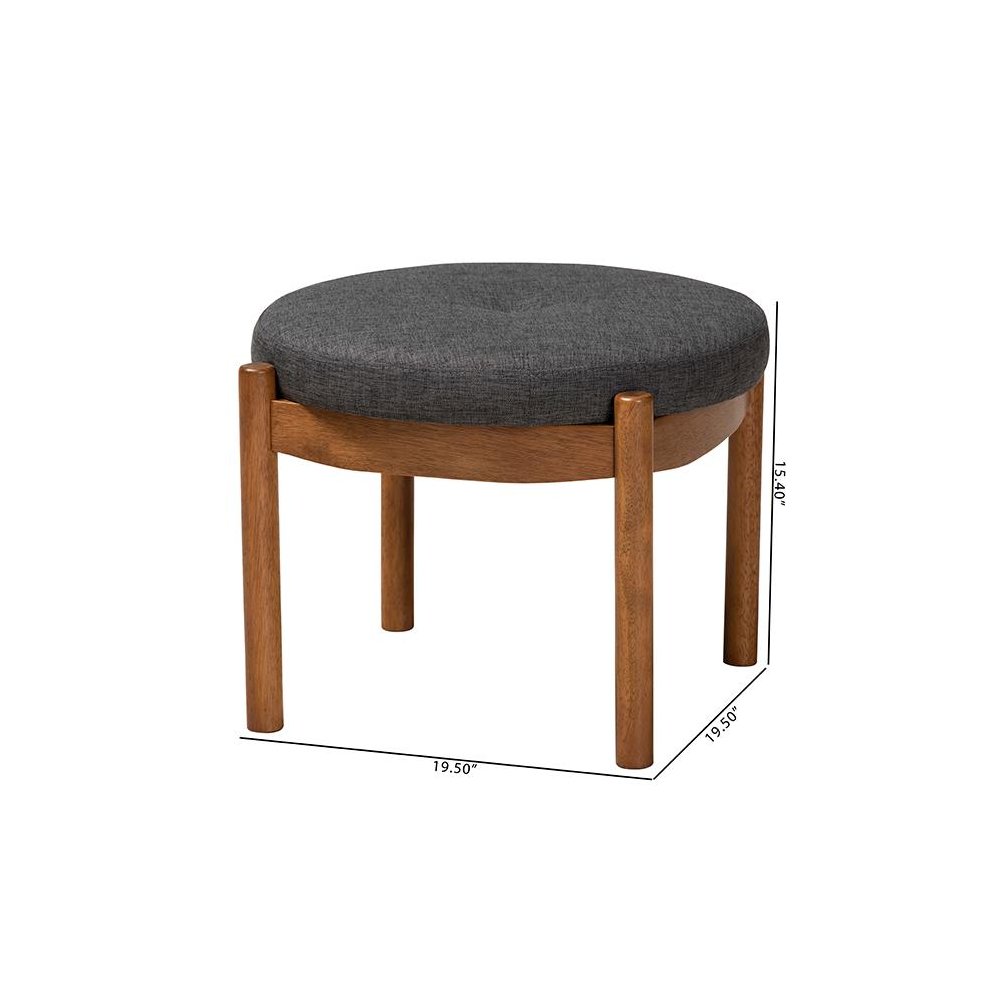 Iliana Japandi Dark Grey Fabric and Walnut Brown Finished Wood Ottoman Footstool. Picture 8