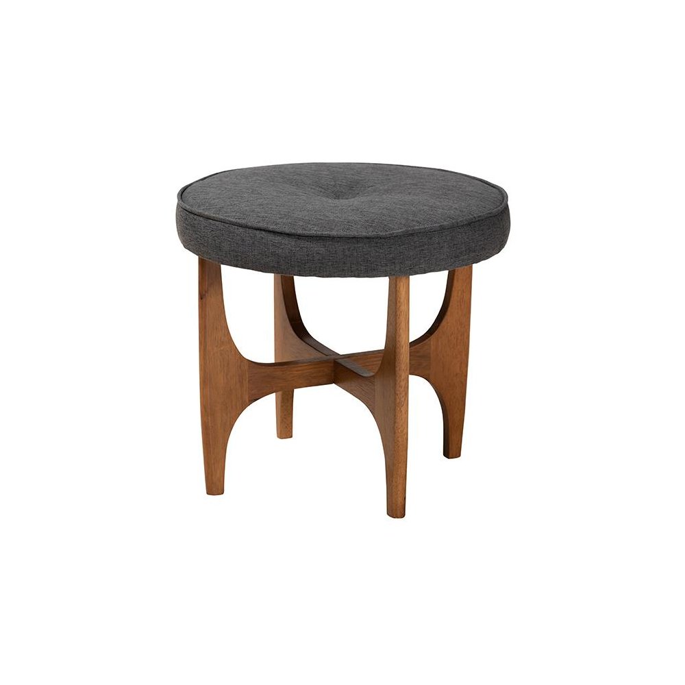 Theo Japandi Dark Grey Fabric and Walnut Brown Finished Wood Ottoman Footstool. Picture 1