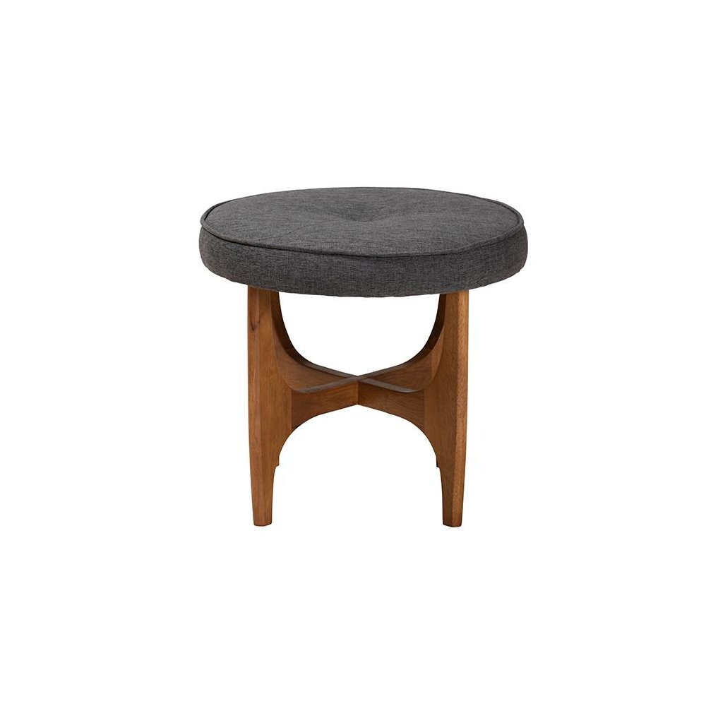 Theo Japandi Dark Grey Fabric and Walnut Brown Finished Wood Ottoman Footstool. Picture 2