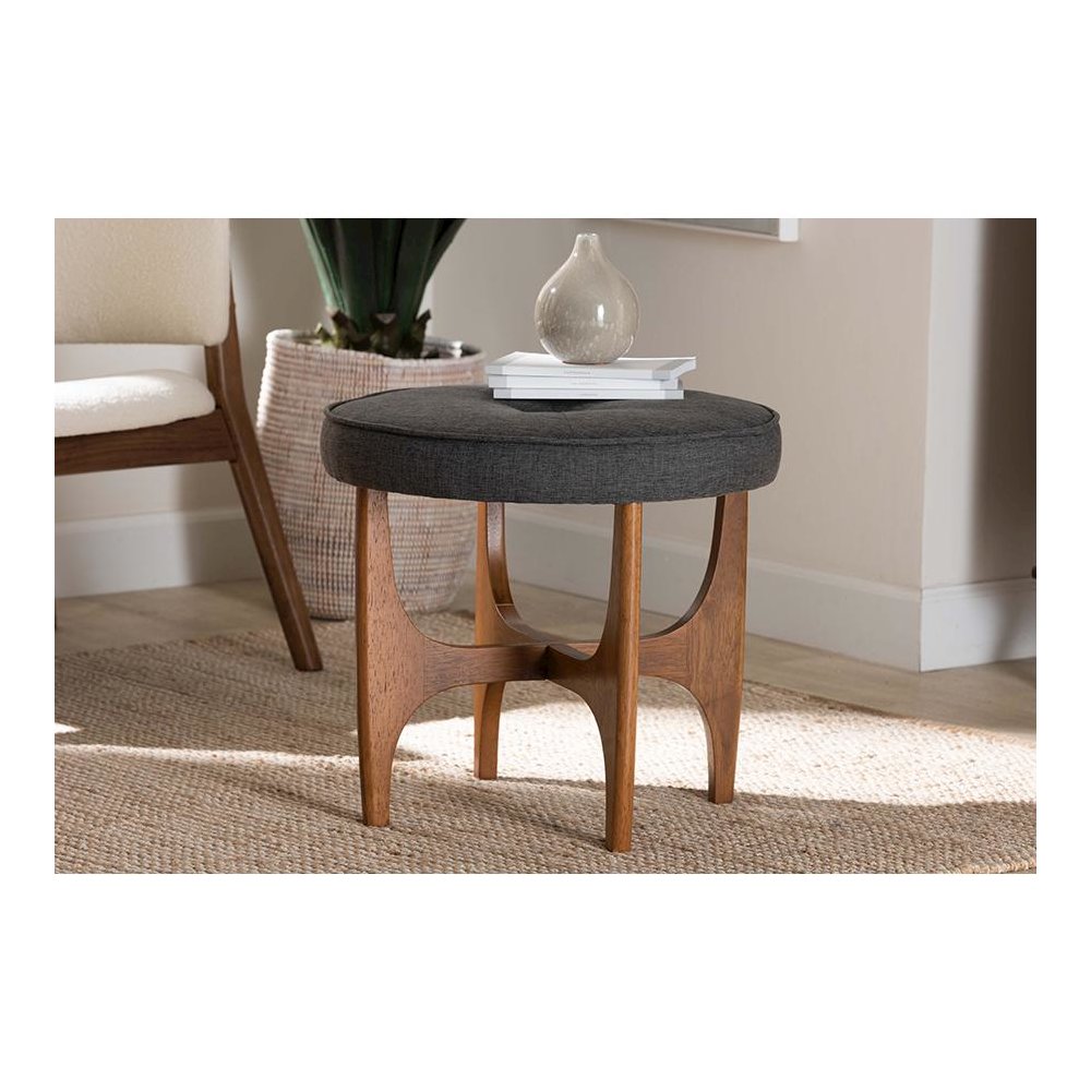 Theo Japandi Dark Grey Fabric and Walnut Brown Finished Wood Ottoman Footstool. Picture 6