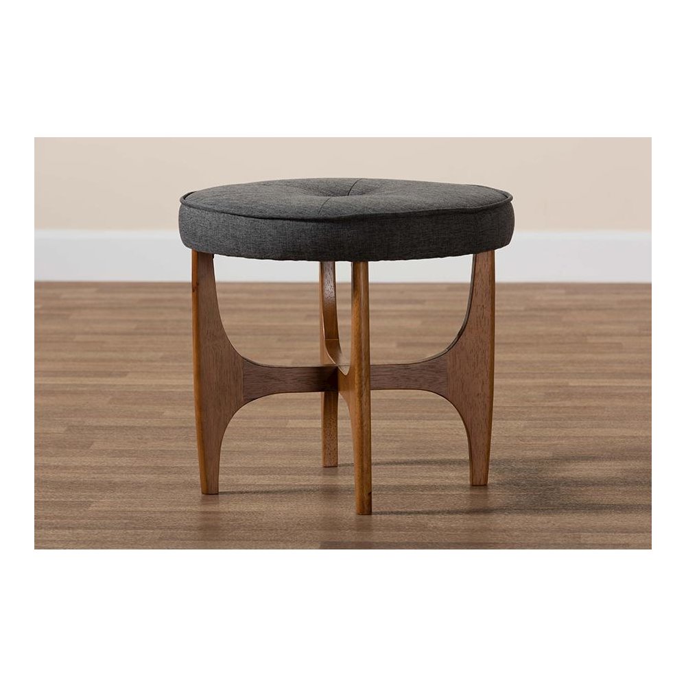 Theo Japandi Dark Grey Fabric and Walnut Brown Finished Wood Ottoman Footstool. Picture 7