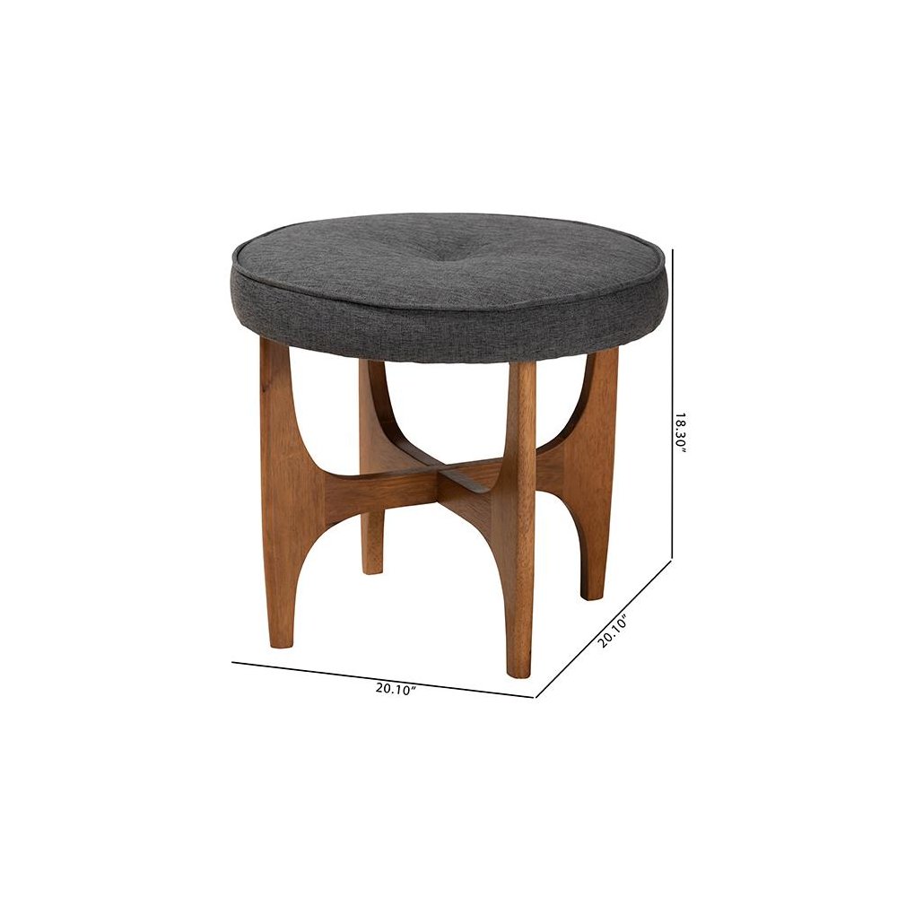 Theo Japandi Dark Grey Fabric and Walnut Brown Finished Wood Ottoman Footstool. Picture 8