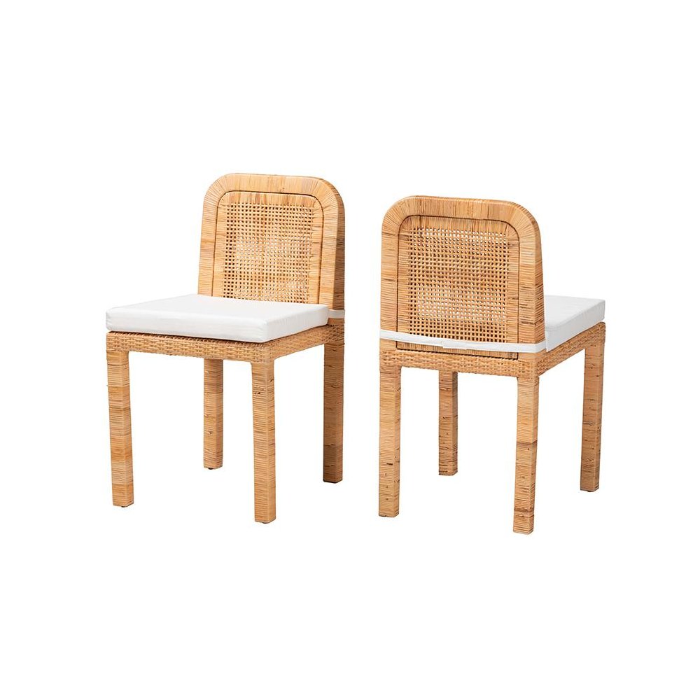 Bohemian Natural Brown Rattan and Mahogany Wood 2-Piece Dining Chair Set. Picture 1