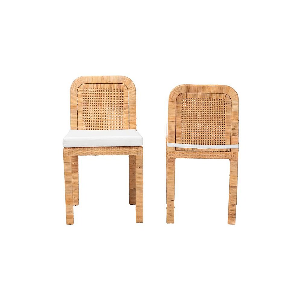 Bohemian Natural Brown Rattan and Mahogany Wood 2-Piece Dining Chair Set. Picture 2