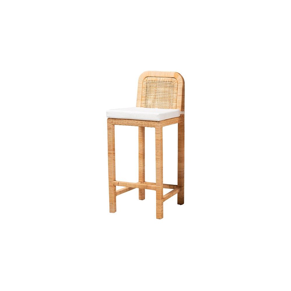 Bohemian Natural Brown Rattan and Mahogany Wood Bar Stool. Picture 1