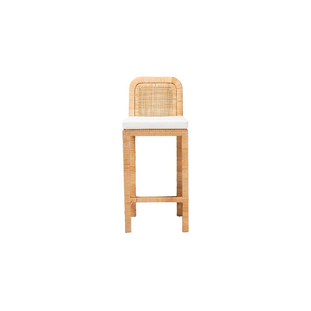 Bohemian Natural Brown Rattan and Mahogany Wood Bar Stool. Picture 2