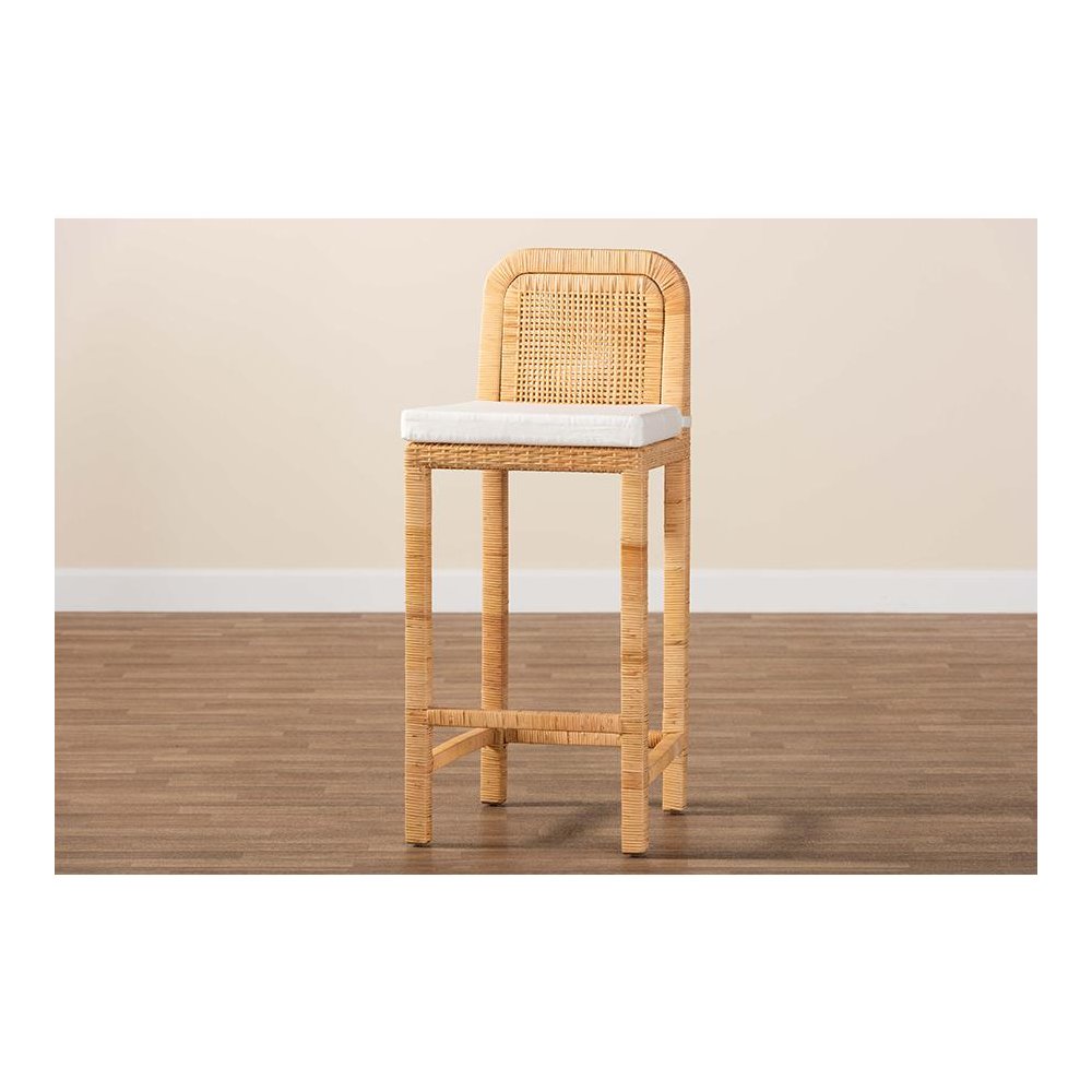 Bohemian Natural Brown Rattan and Mahogany Wood Bar Stool. Picture 9