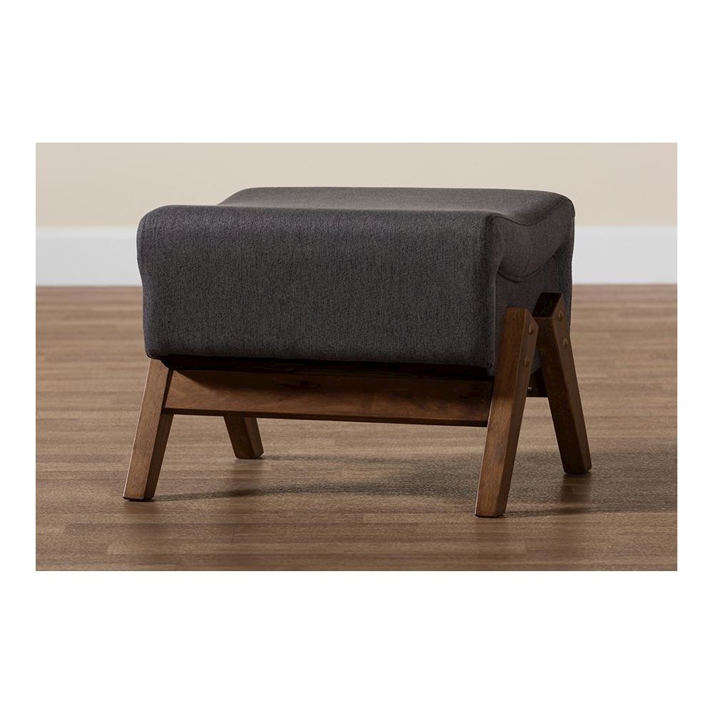Dark Grey Fabric and Walnut Brown Finished Wood Ottoman. Picture 7