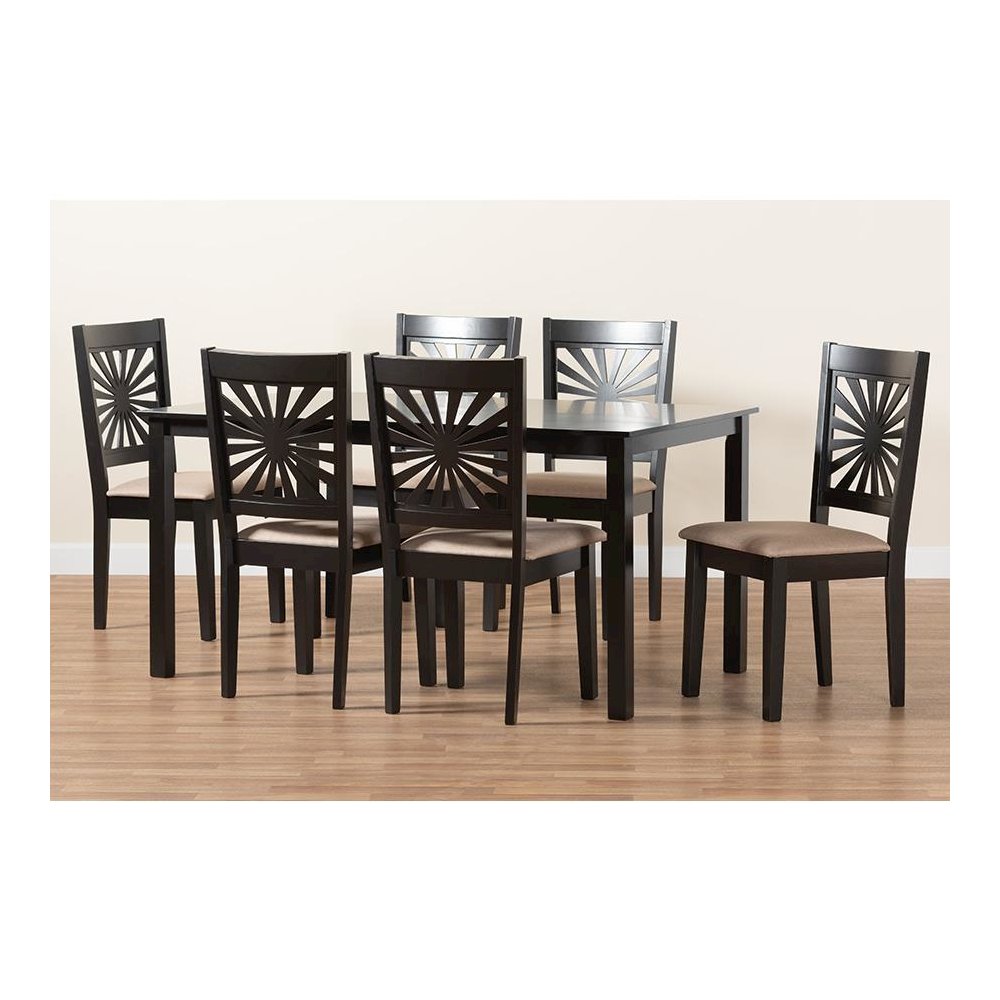 Olympia Modern Beige Fabric and Espresso Brown Finished Wood 7-Piece Dining Set. Picture 9