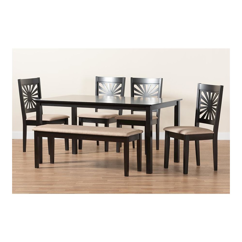 Olympia Modern Beige Fabric and Espresso Brown Finished Wood 6-Piece Dining Set. Picture 10