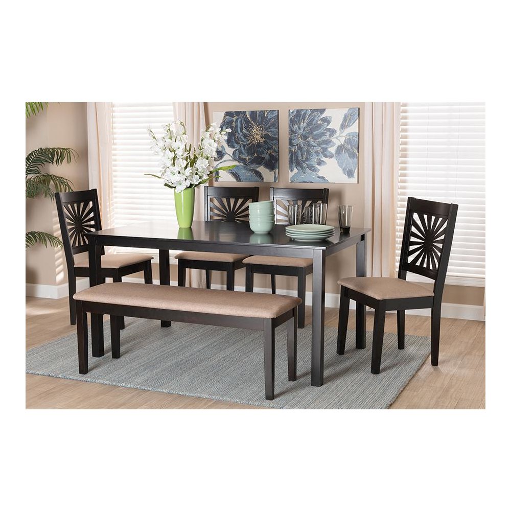 Olympia Modern Beige Fabric and Espresso Brown Finished Wood 6-Piece Dining Set. Picture 9
