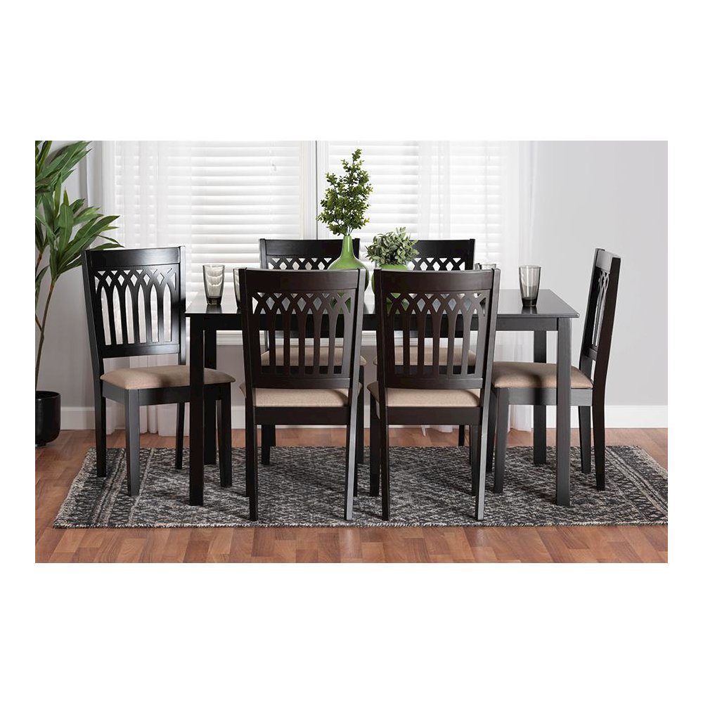 Genesis Modern Beige Fabric and Dark Brown Finished Wood 7-Piece Dining Set. Picture 8