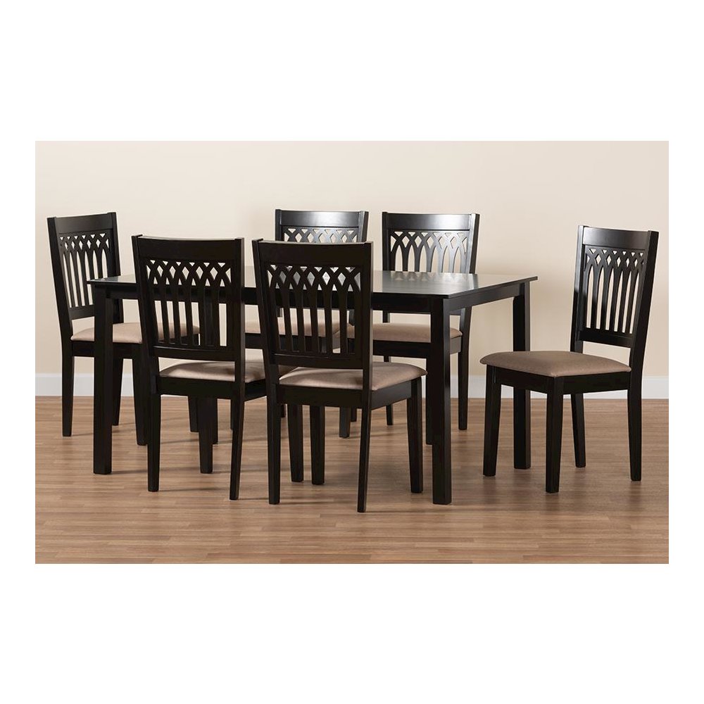 Genesis Modern Beige Fabric and Dark Brown Finished Wood 7-Piece Dining Set. Picture 9