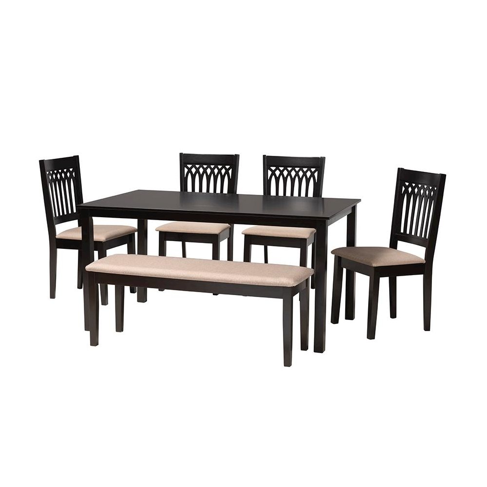 Genesis Modern Beige Fabric and Dark Brown Finished Wood 6-Piece Dining Set. Picture 1