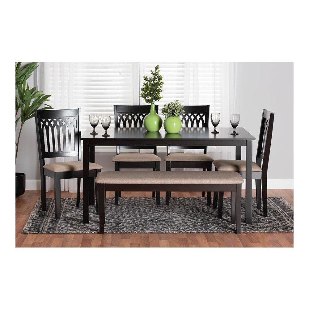 Genesis Modern Beige Fabric and Dark Brown Finished Wood 6-Piece Dining Set. Picture 9