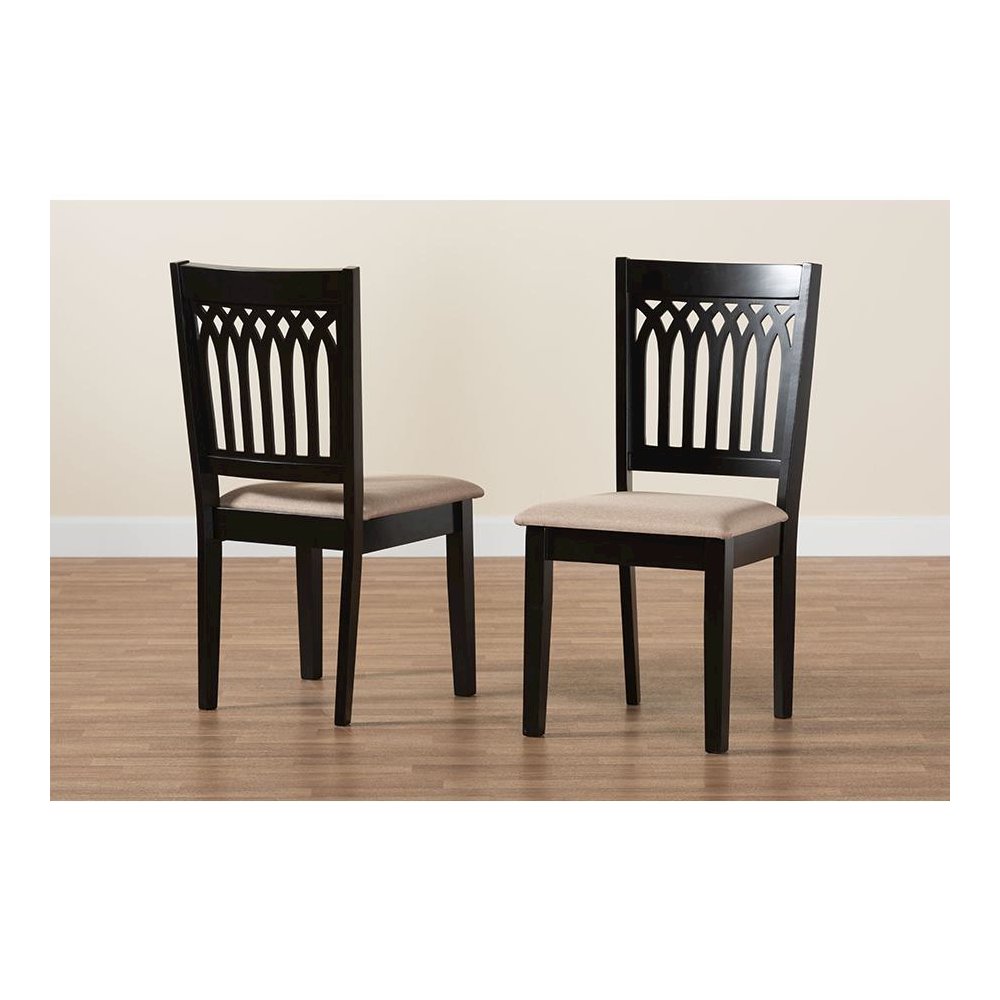 Beige Fabric and Dark Brown Finished Wood 2-Piece Dining Chair Set. Picture 8