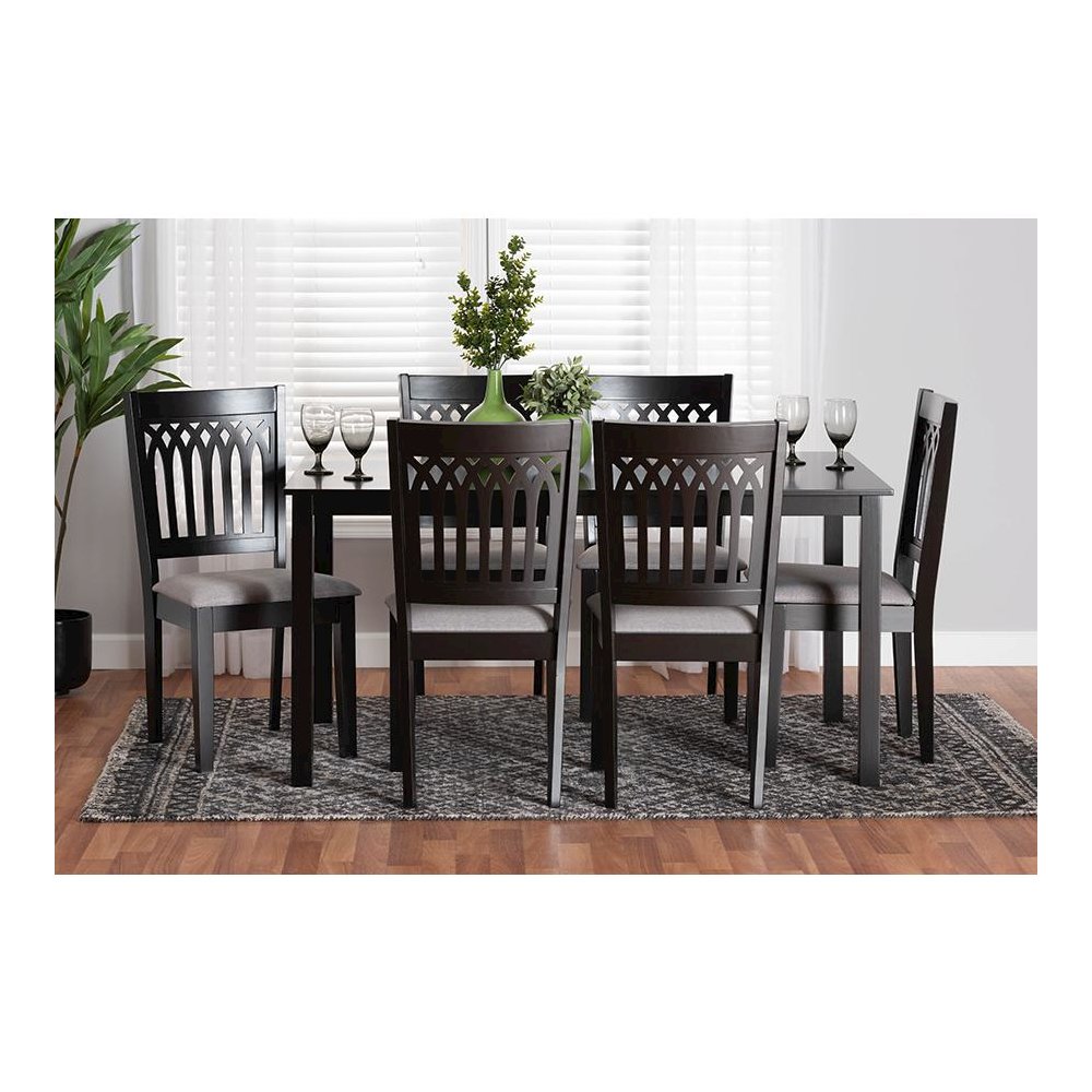 Genesis Modern Grey Fabric and Dark Brown Finished Wood 7-Piece Dining Set. Picture 8