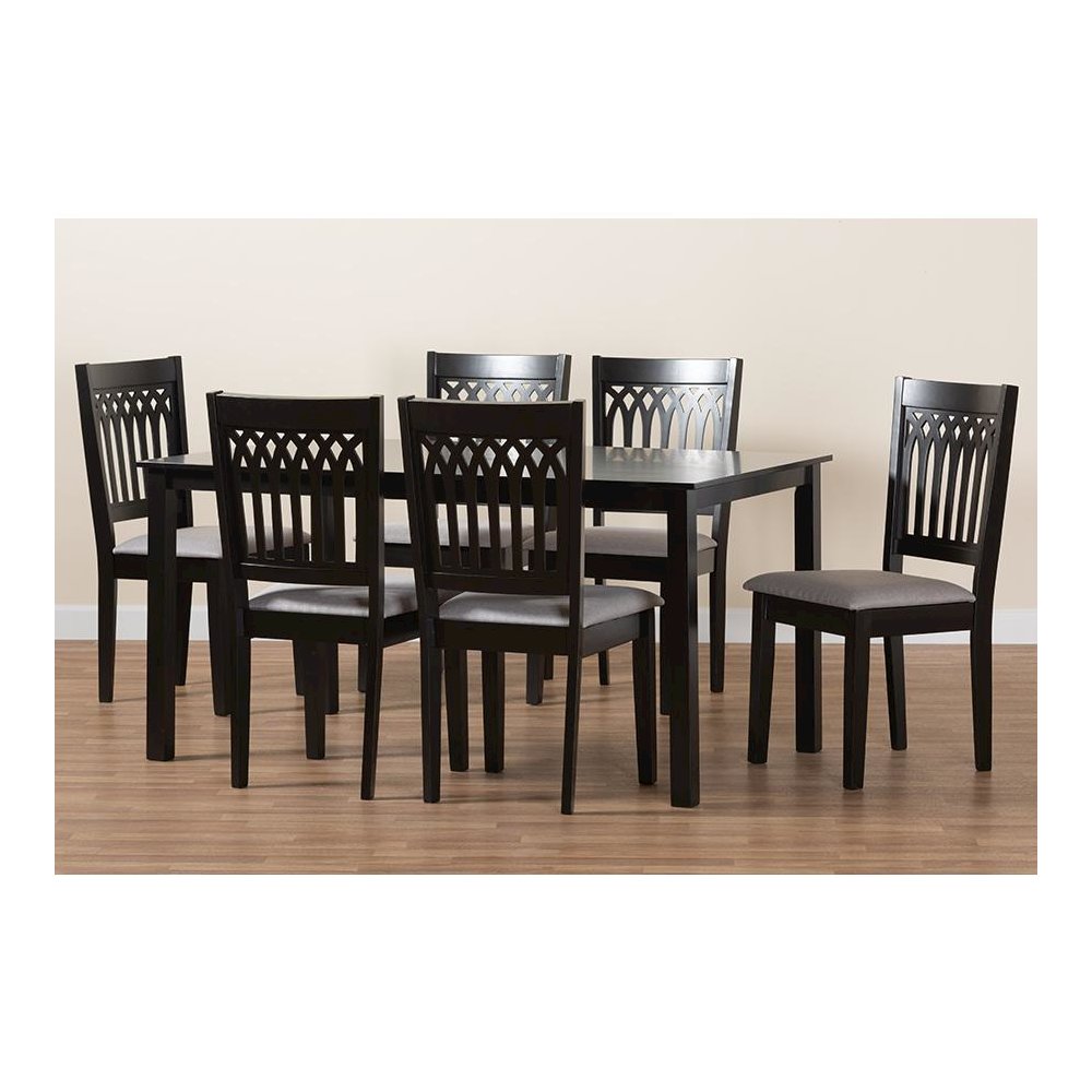 Genesis Modern Grey Fabric and Dark Brown Finished Wood 7-Piece Dining Set. Picture 9