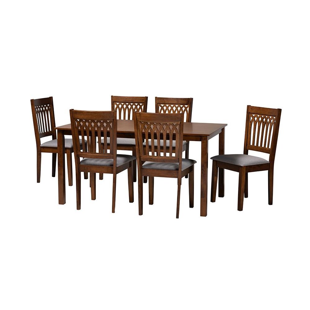 Genesis Modern Grey Fabric and Walnut Brown Finished Wood 7-Piece Dining Set. Picture 1