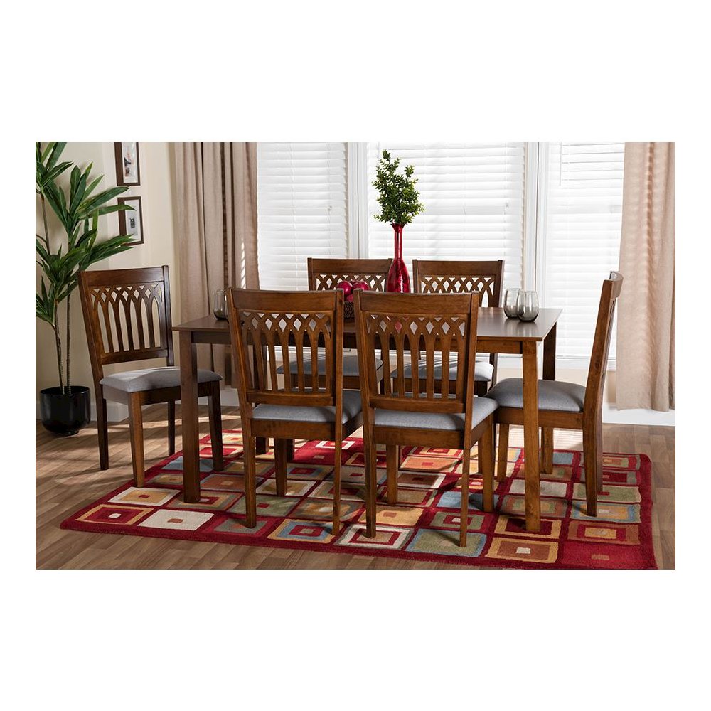 Genesis Modern Grey Fabric and Walnut Brown Finished Wood 7-Piece Dining Set. Picture 8