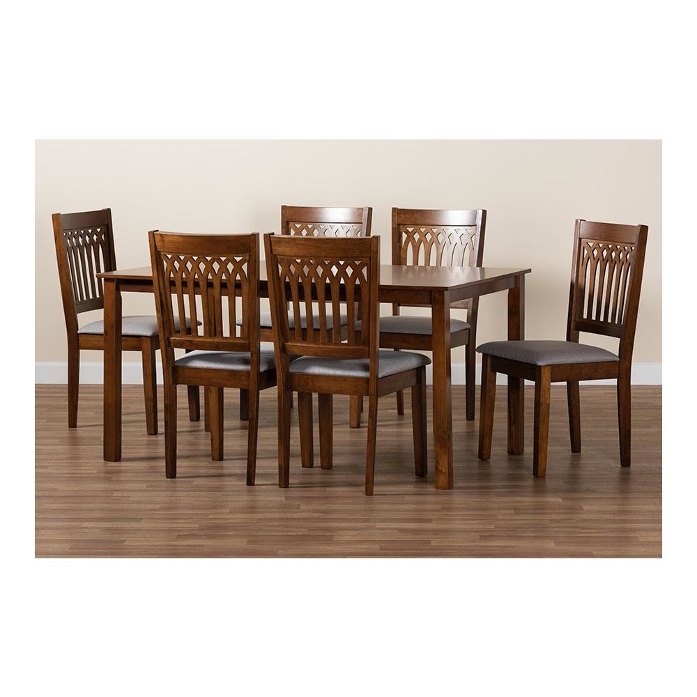 Genesis Modern Grey Fabric and Walnut Brown Finished Wood 7-Piece Dining Set. Picture 9