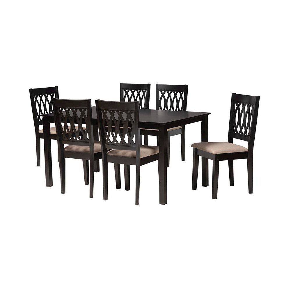 Beige Fabric and Espresso Brown Finished Wood 7-Piece Dining Set. Picture 1