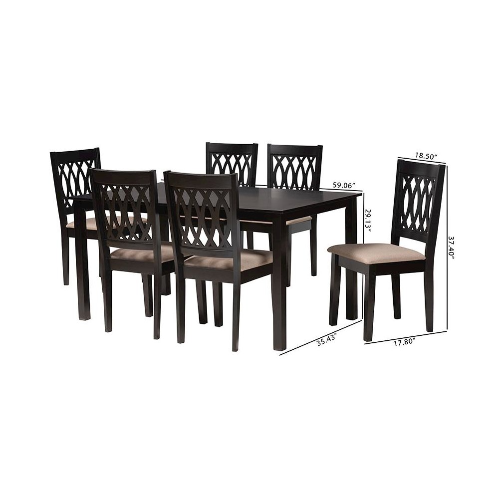 Beige Fabric and Espresso Brown Finished Wood 7-Piece Dining Set. Picture 10