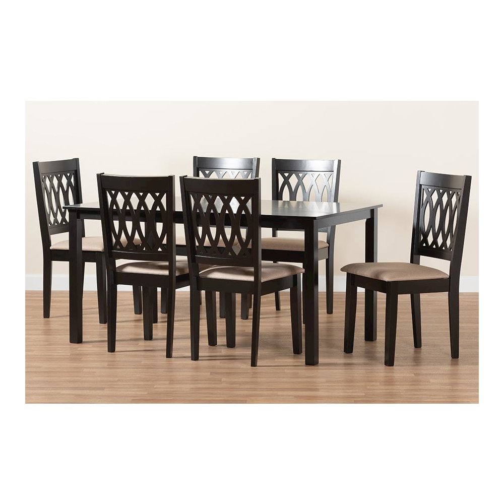 Beige Fabric and Espresso Brown Finished Wood 7-Piece Dining Set. Picture 9