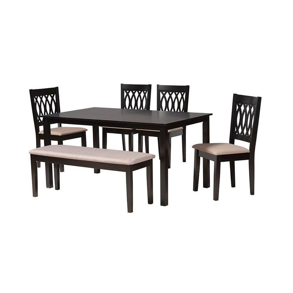 Beige Fabric and Espresso Brown Finished Wood 6-Piece Dining Set. Picture 1