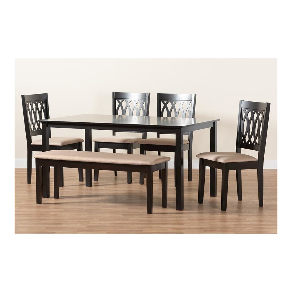 Beige Fabric and Espresso Brown Finished Wood 6-Piece Dining Set. Picture 10
