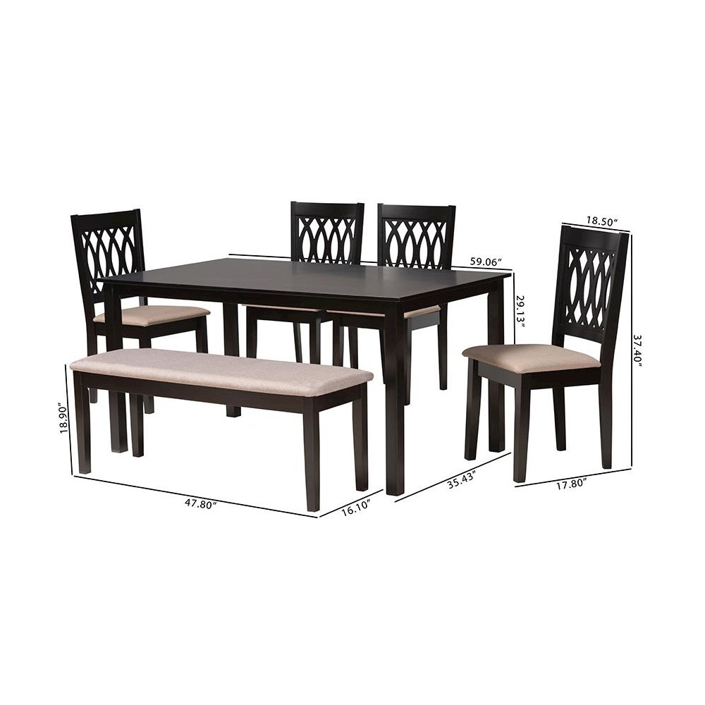 Beige Fabric and Espresso Brown Finished Wood 6-Piece Dining Set. Picture 11