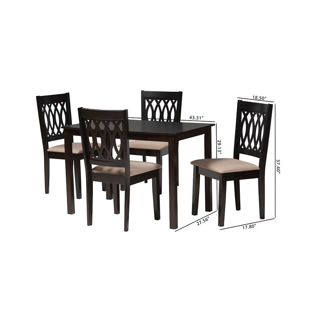Beige Fabric and Espresso Brown Finished Wood 5-Piece Dining Set. Picture 10