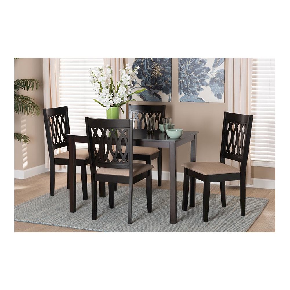 Beige Fabric and Espresso Brown Finished Wood 5-Piece Dining Set. Picture 8